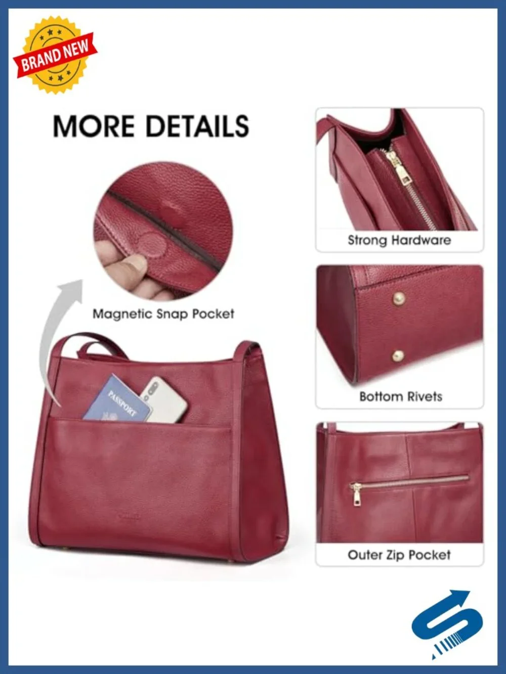Soft Leather Tote Bag Women Zipper Closure 5 Pockets